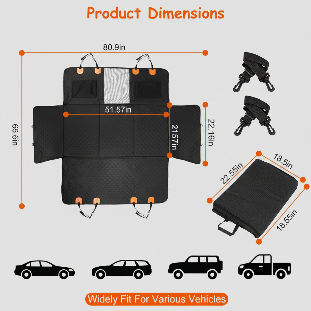 Car seat cover with dimensions and compatibility icons on a white background