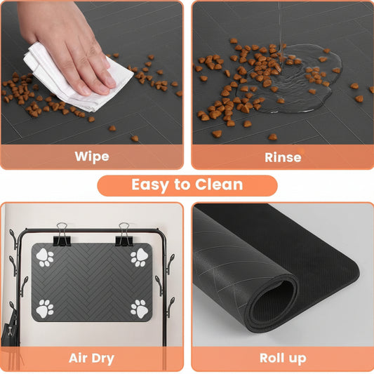 Step-by-step guide on cleaning a mat with text indicating the process.