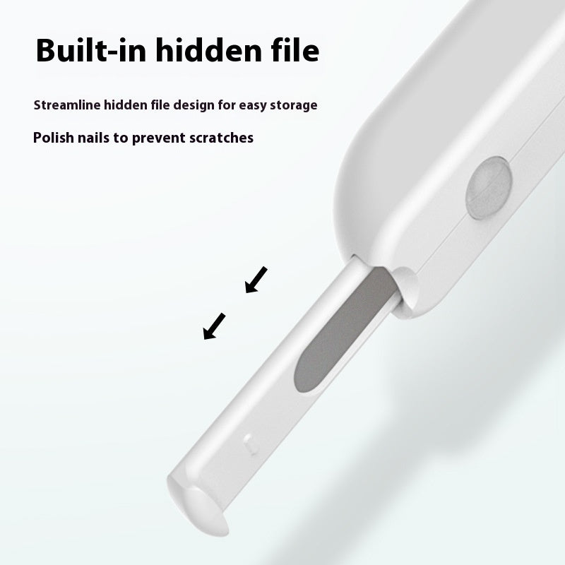 Close-up of a nail file with text highlighting its features on a white background