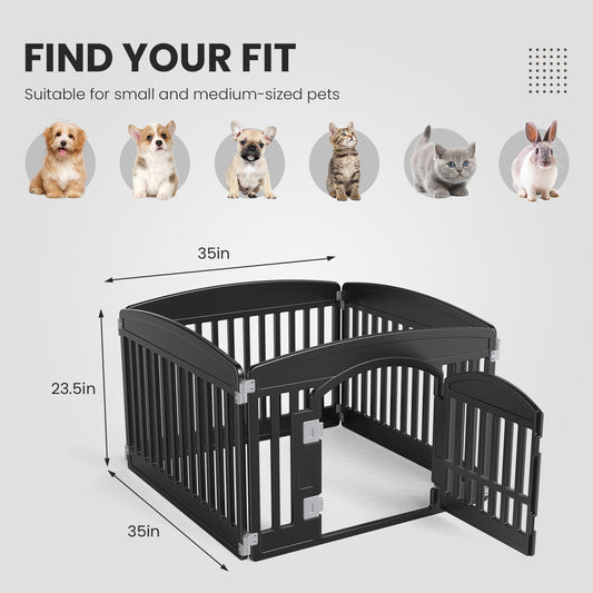 Pet playpen with dimensions and compatibility for small and medium-sized pets on a white background