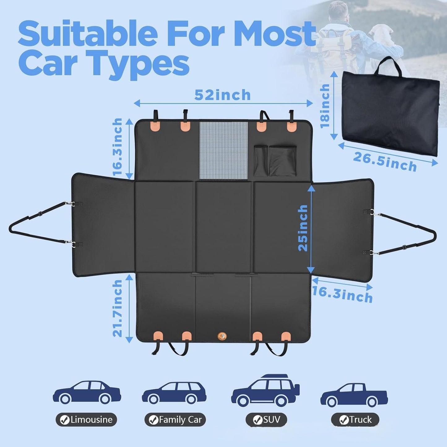 Car mat with dimensions and compatibility for various car types on a light blue background
