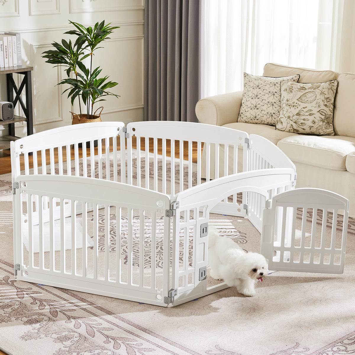 White pet gate in a living room with a small white dog inside