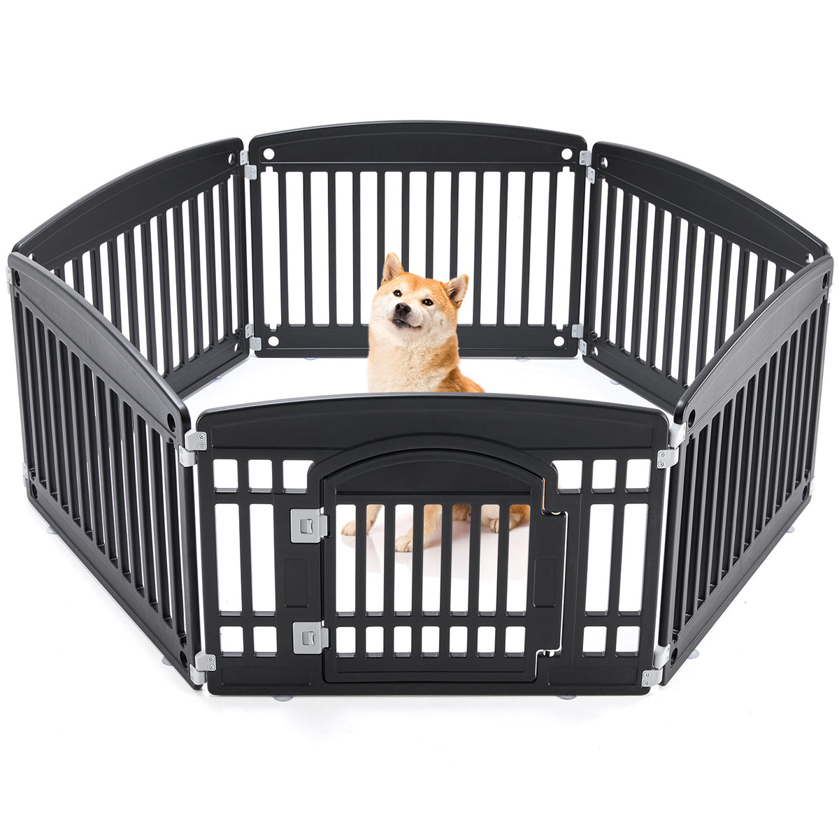 Black pet playpen with a dog inside on a white background