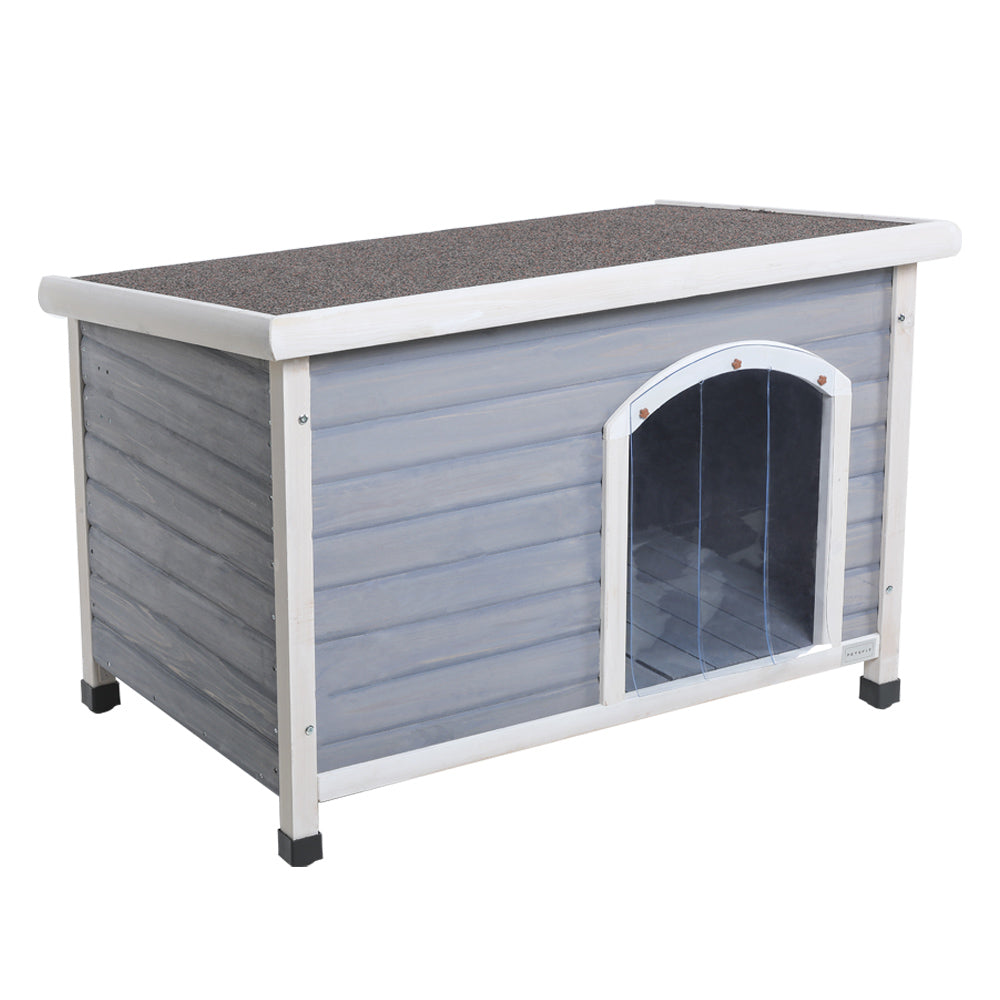 Gray and white outdoor pet house with a transparent door on a white background
