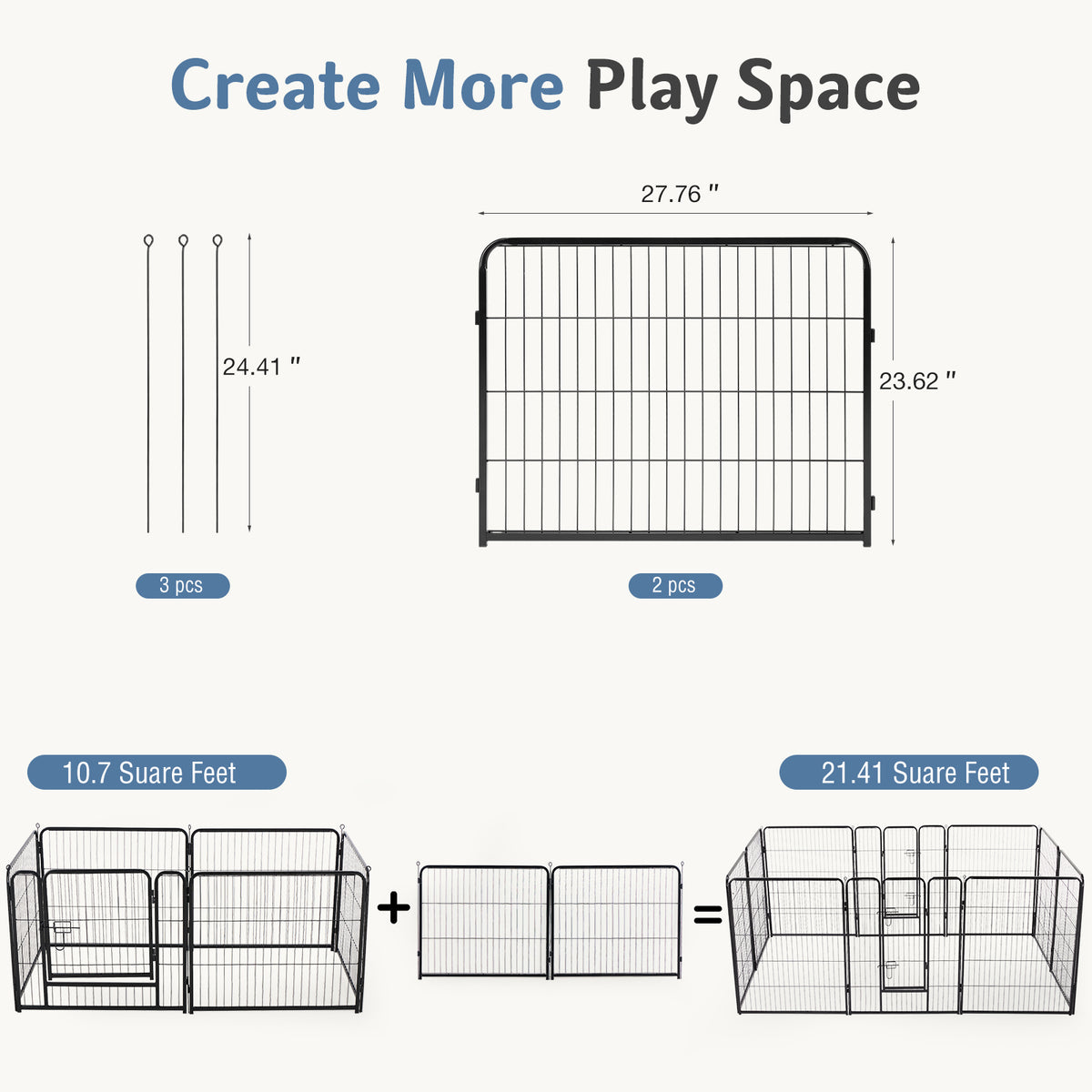 Diagram of a pet playpen with dimensions and assembly instructions on a white background.