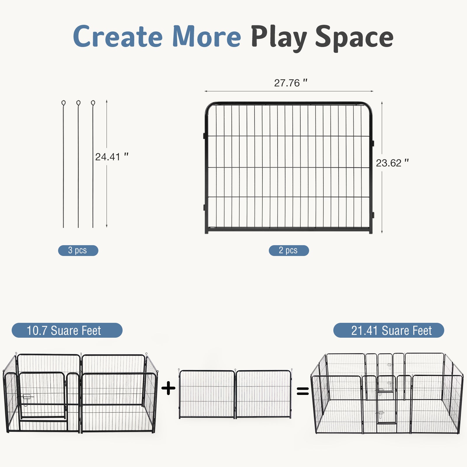 Diagram of a pet playpen with dimensions and assembly instructions on a white background.