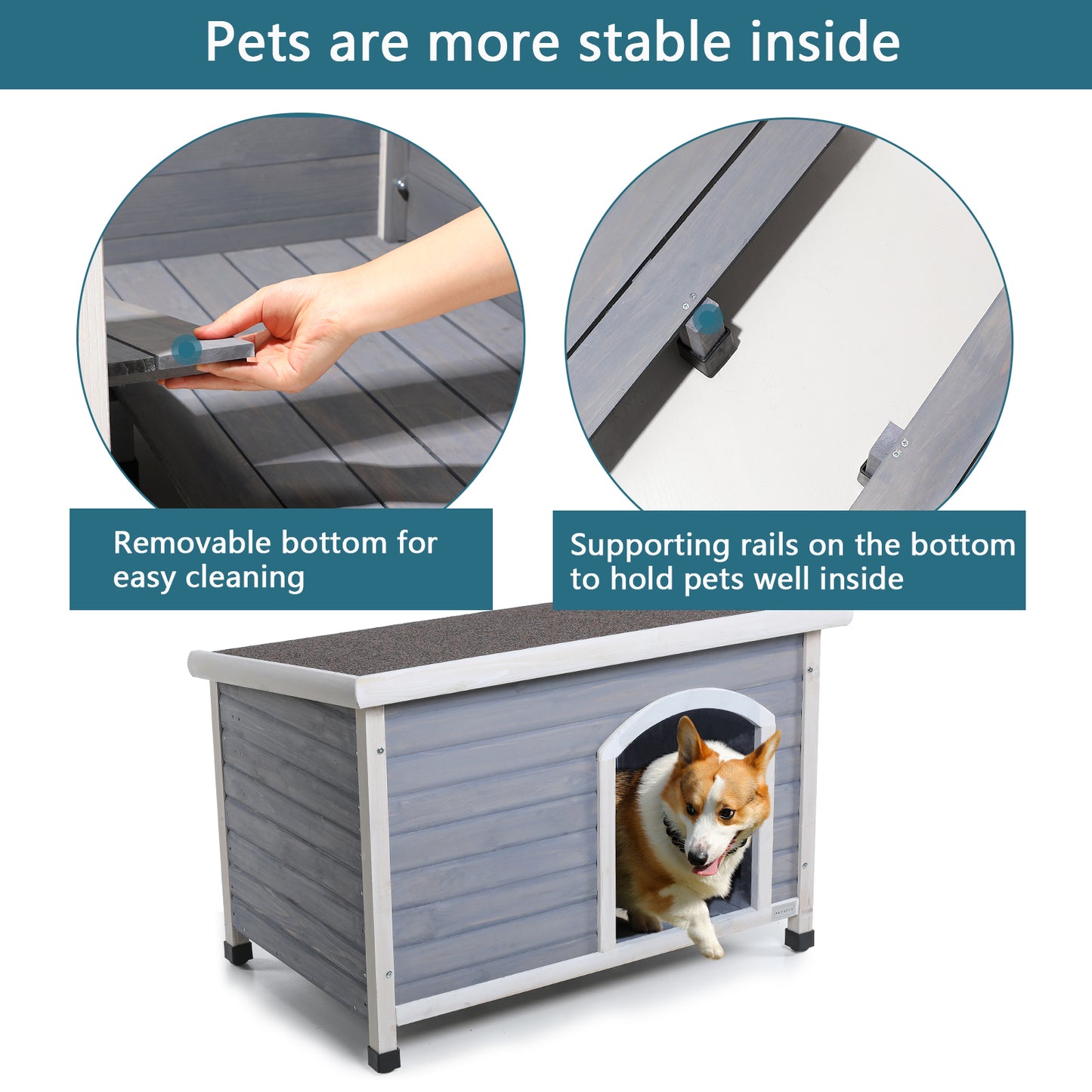Pet house with removable bottom and supporting rails for stability, featuring a dog inside.