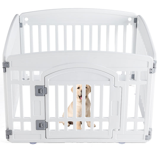 White pet playpen with a puppy inside on a white background