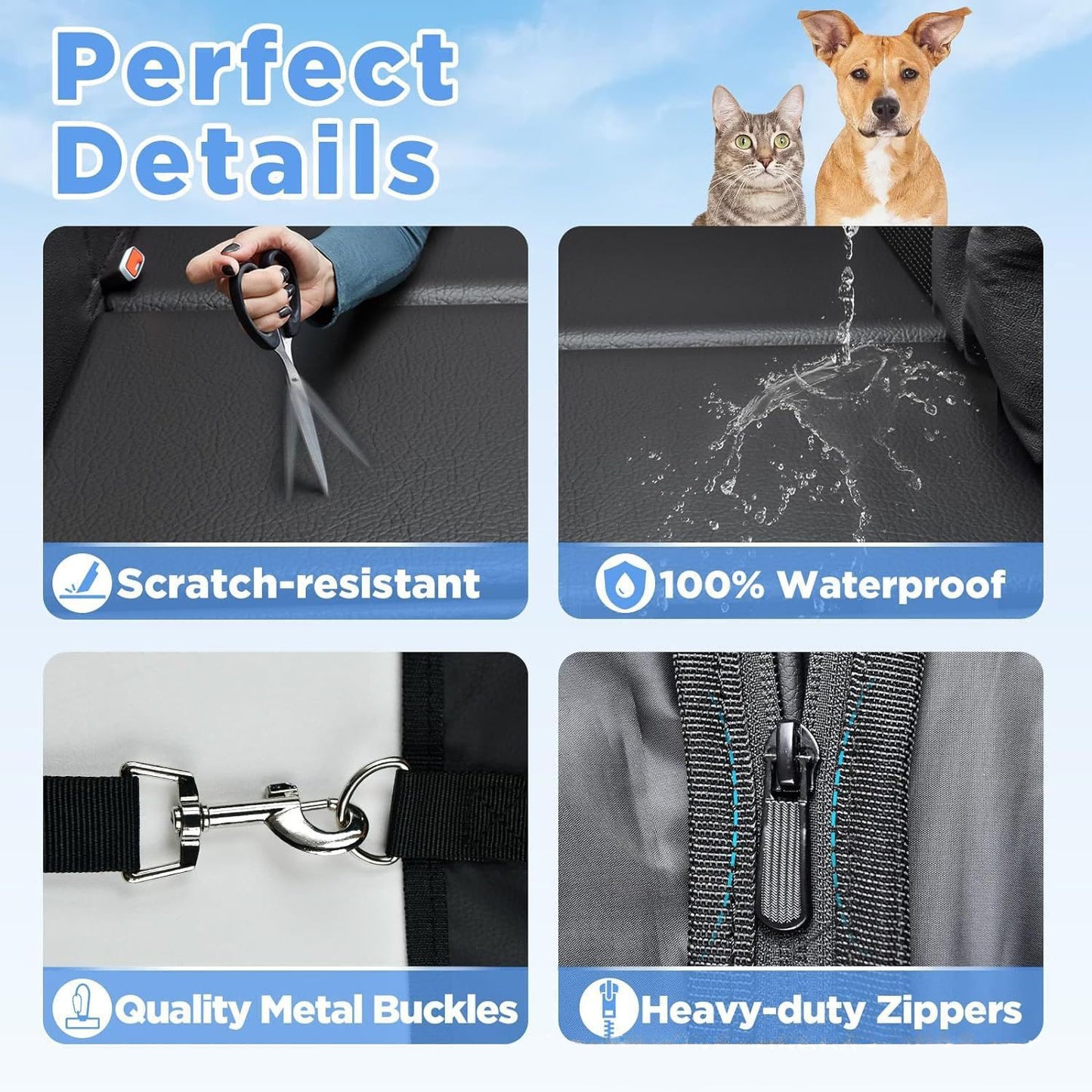 Product features including scratch-resistance, waterproofness, metal buckles, and heavy-duty zippers with images of a dog and cat.