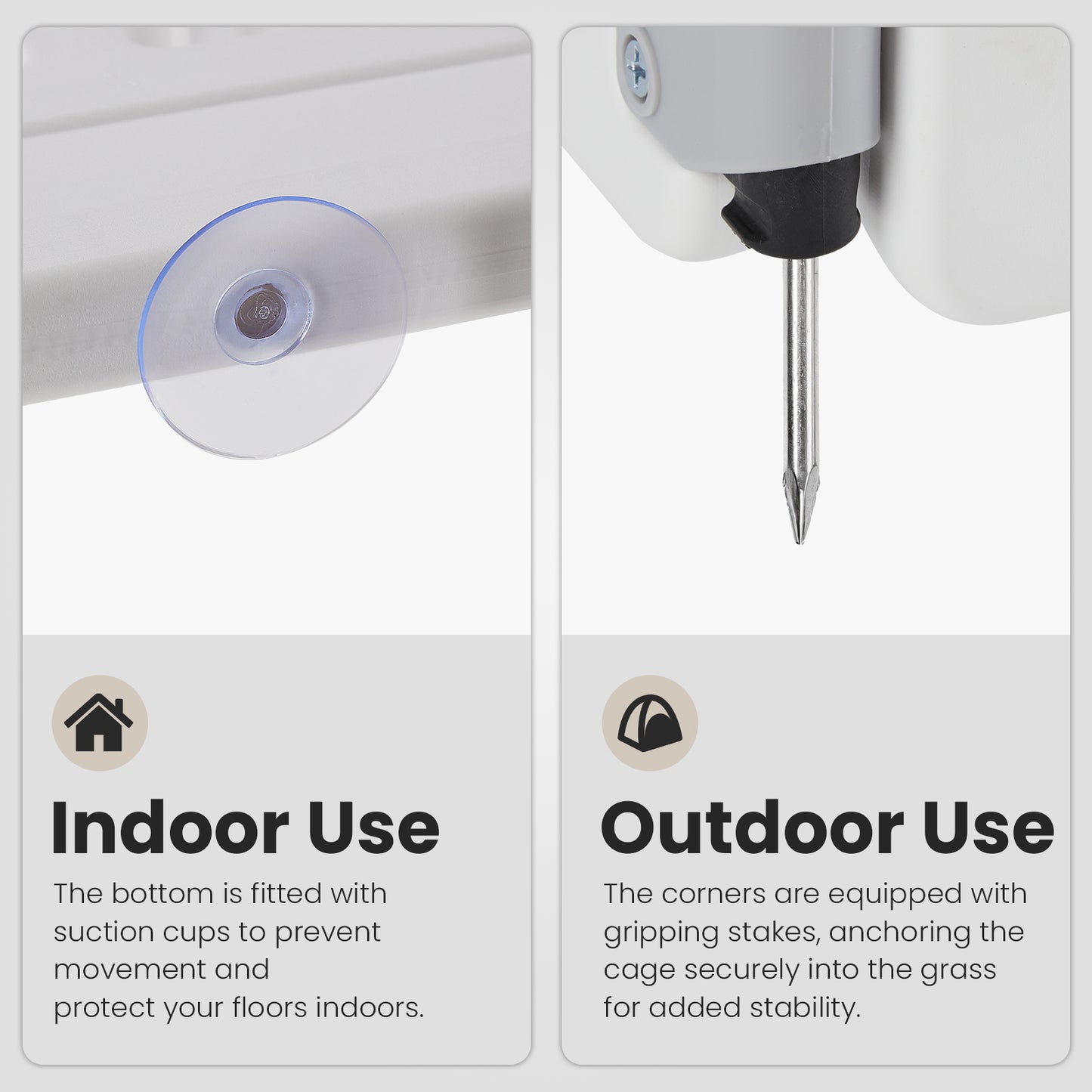 Two images showing indoor and outdoor use features of a product with text explaining their functions.