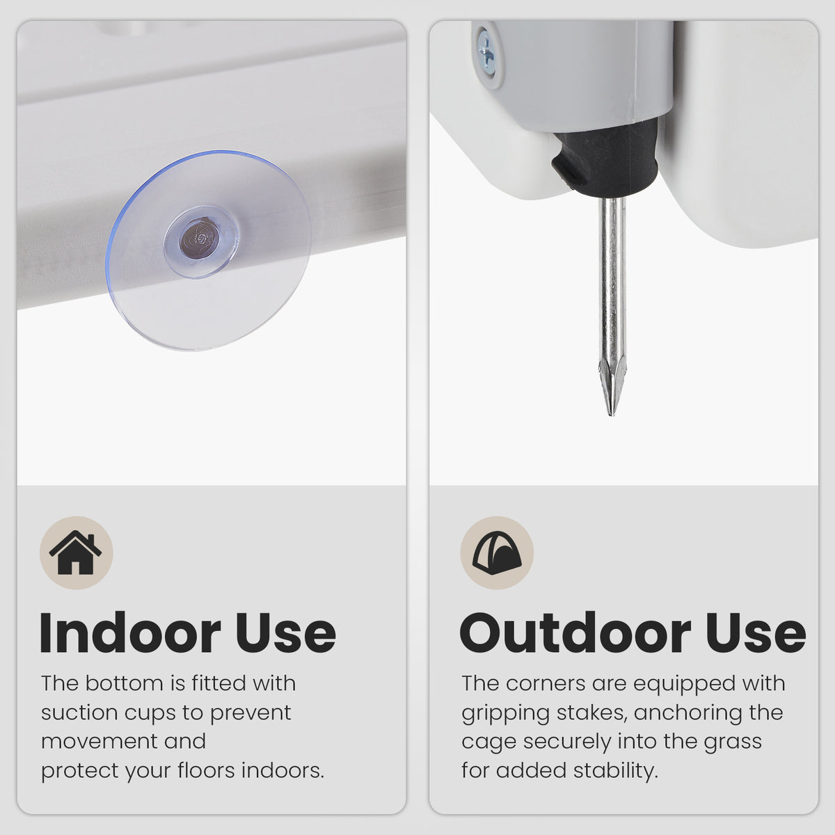 Two images showing indoor and outdoor use features of a product with text explaining their functions.