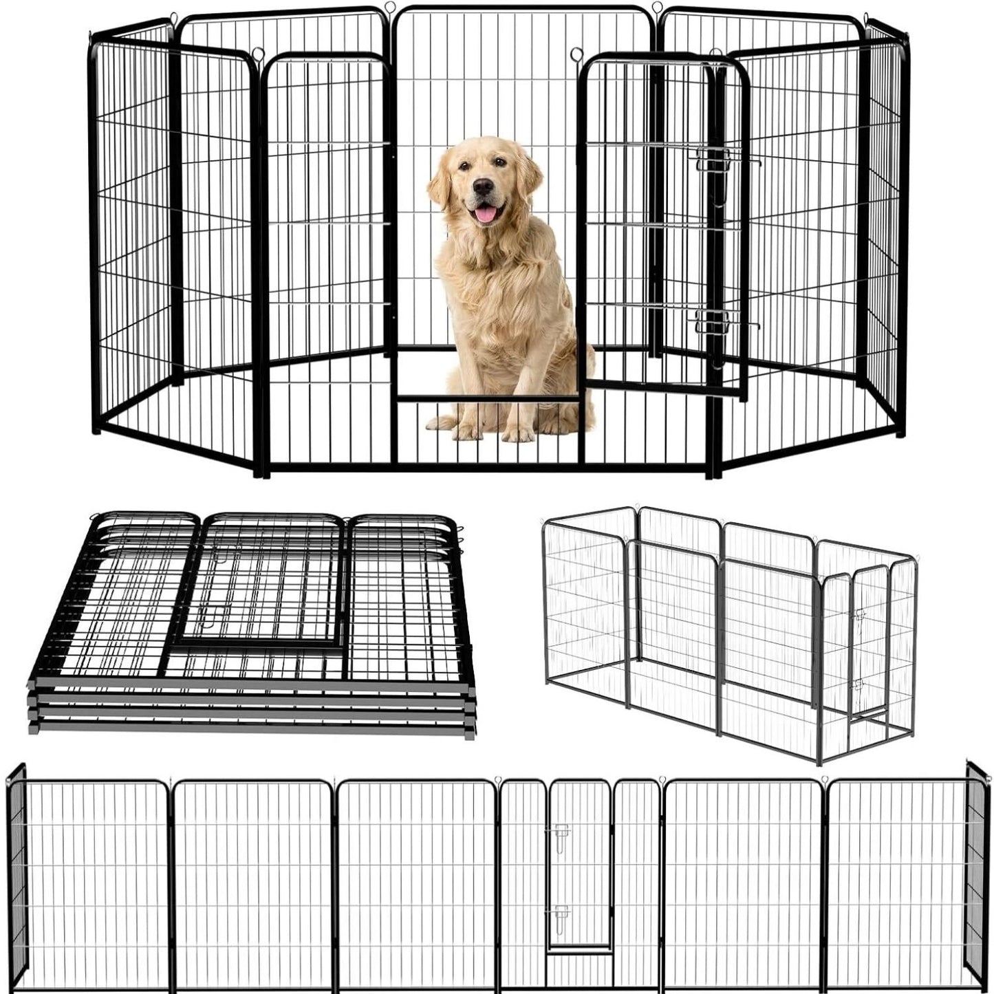 Dog inside a black metal pet playpen with additional components on a white background