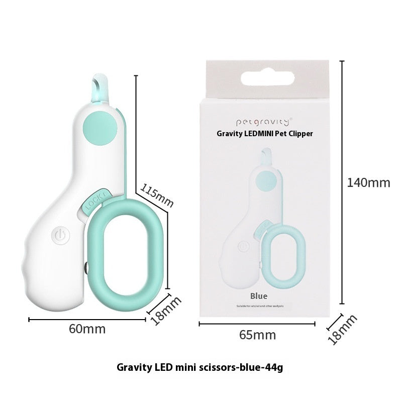 Blue pet clipper with packaging and dimensions on a white background