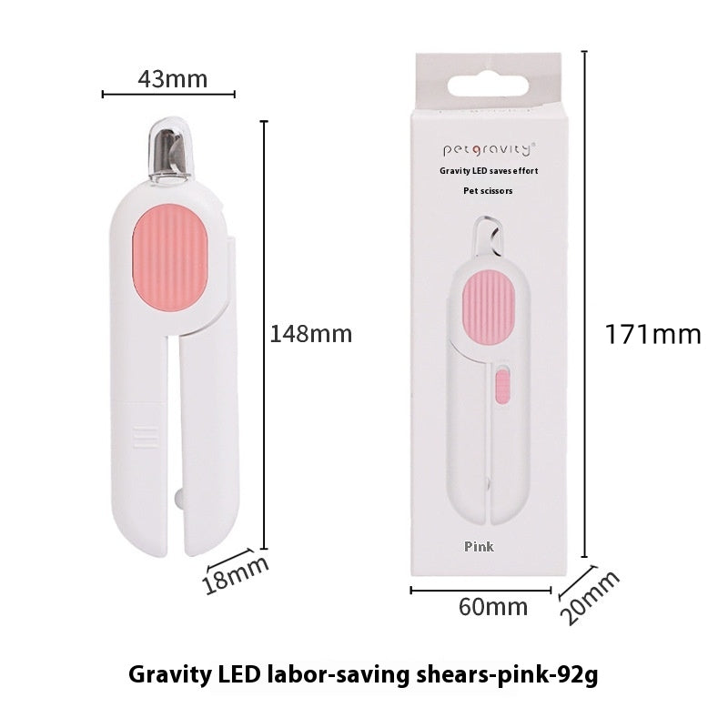 Pink pet nail clipper with packaging and dimensions on a white background