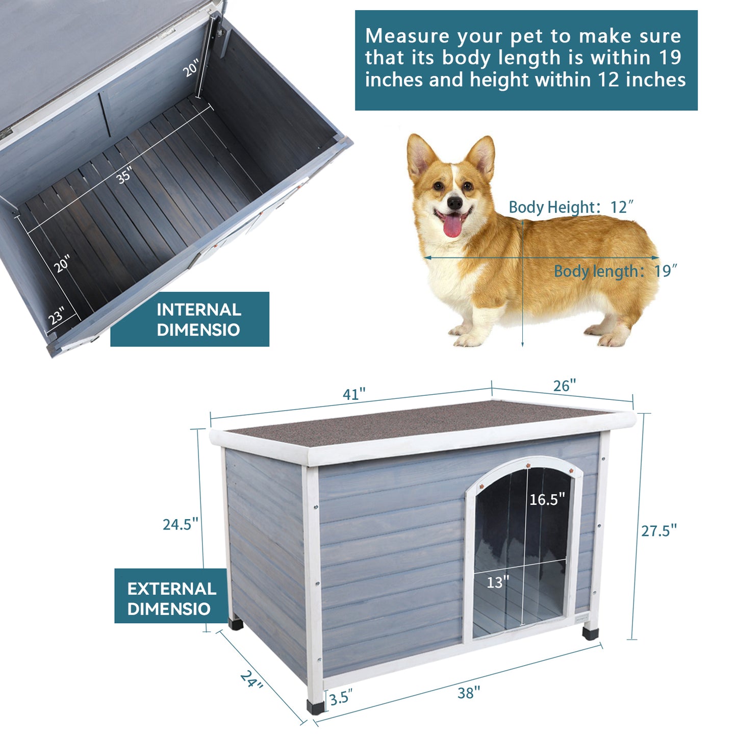 Dog house with dimensions and a corgi for scale on a white background