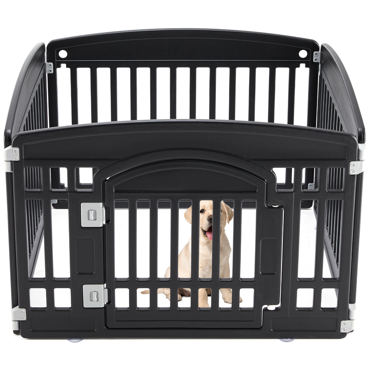 Black pet crate with a dog inside on a white background