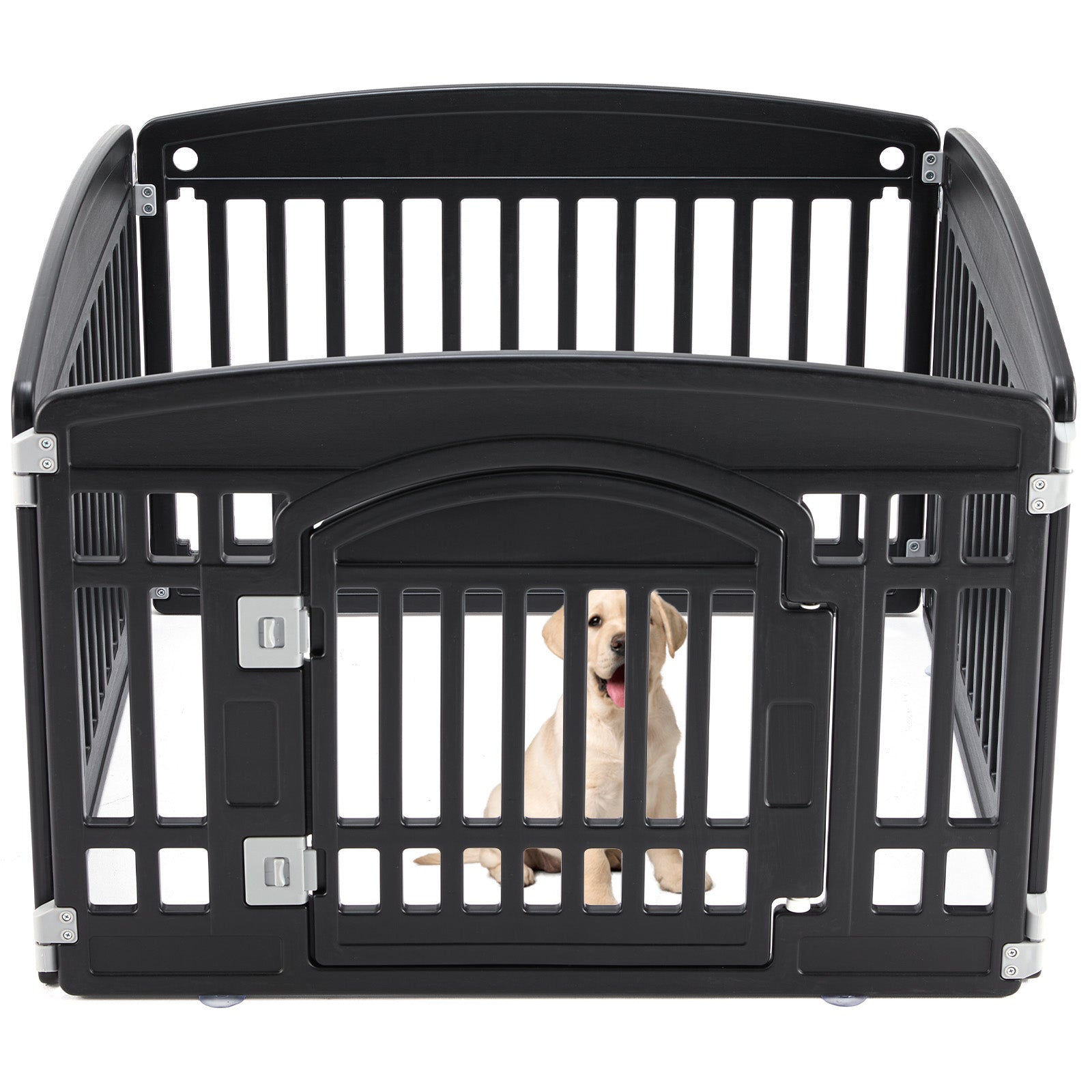 Black pet crate with a dog inside on a white background