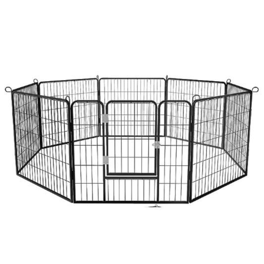 Black metal pet playpen with eight panels on a white background