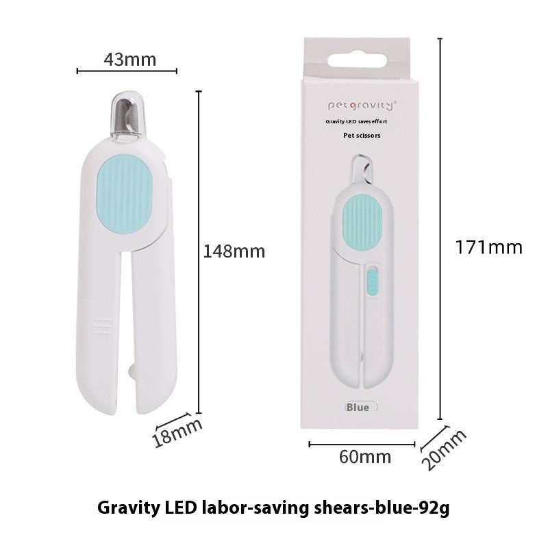 White LED pet nail trimmer with blue accents and packaging dimensions on a white background