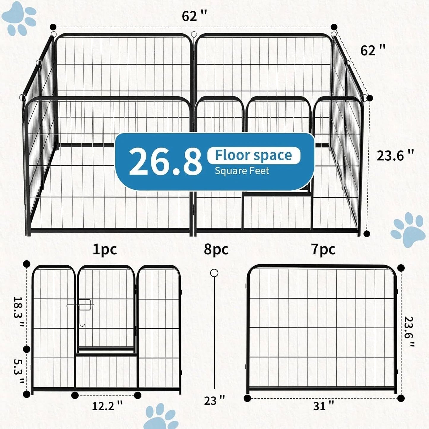 Dimensions and floor space of a pet playpen with measurements and layout.
