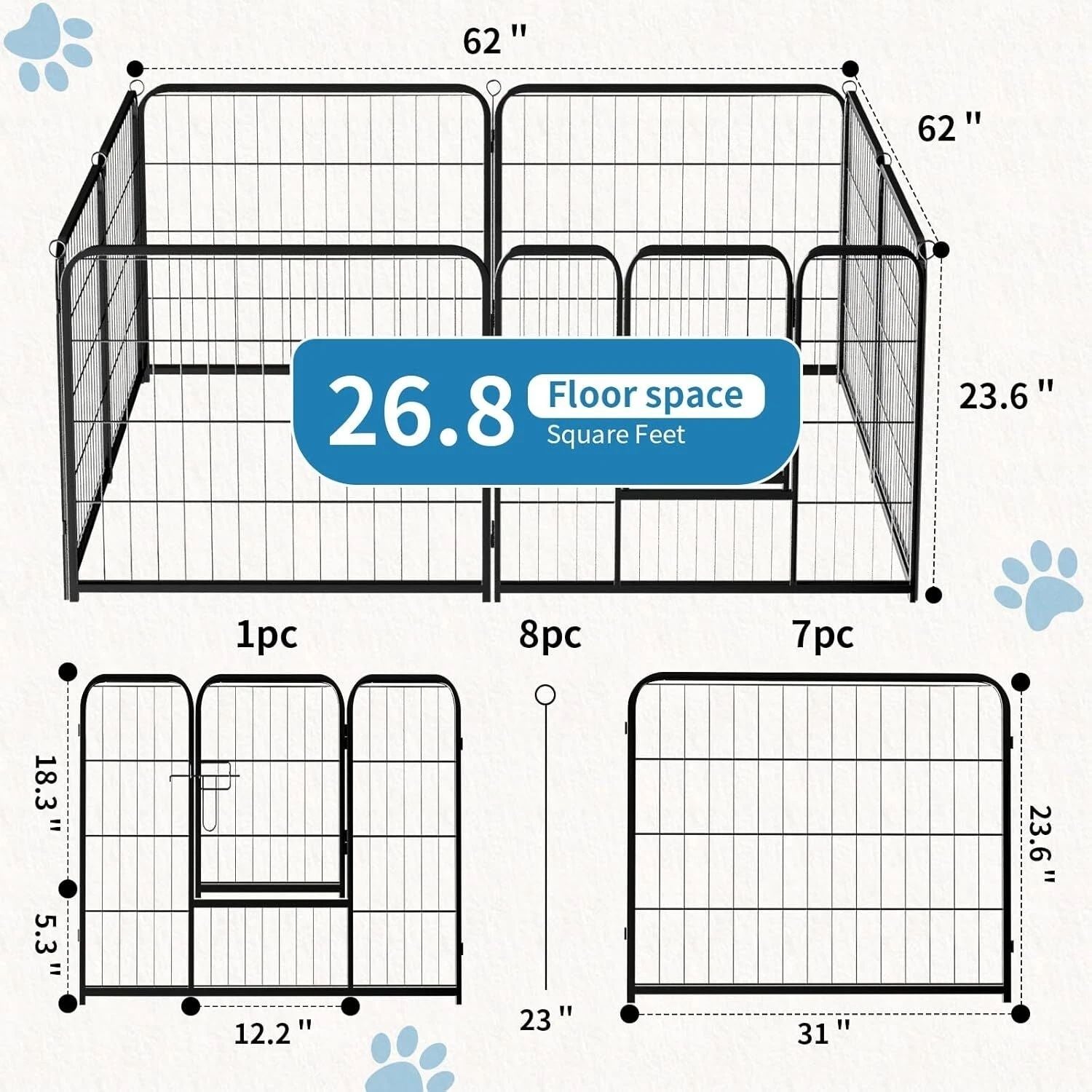 Dimensions and floor space of a pet playpen with measurements and layout.