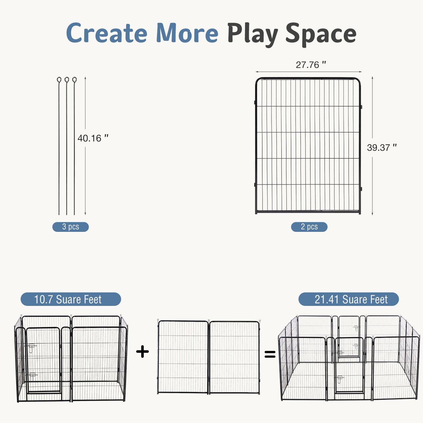Pet playpen assembly diagram with dimensions and space calculation.