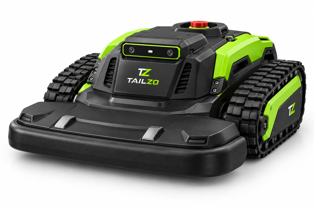 TAILZO Heavy-Duty Tracked Robotic Lawn Mower with Dual Vision Sensors & Twin Cutting Discs - product image 1