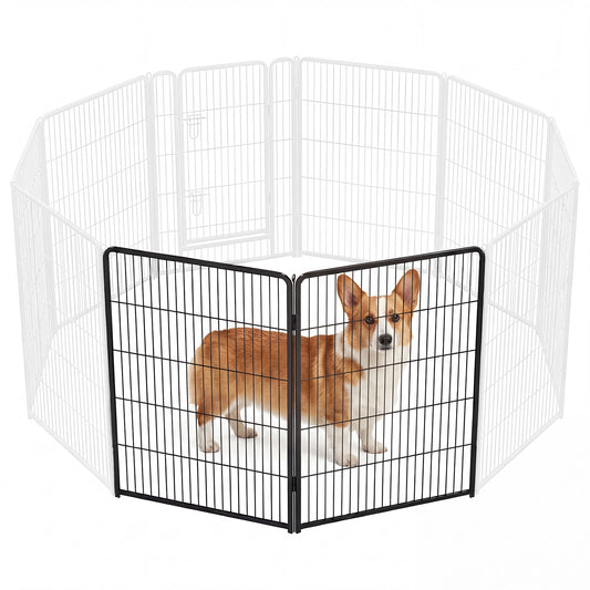 Dog standing inside a wire pet playpen on a white background