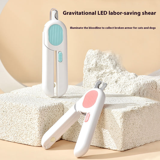 Gravitational LED labor-saving shear with text on a beige background