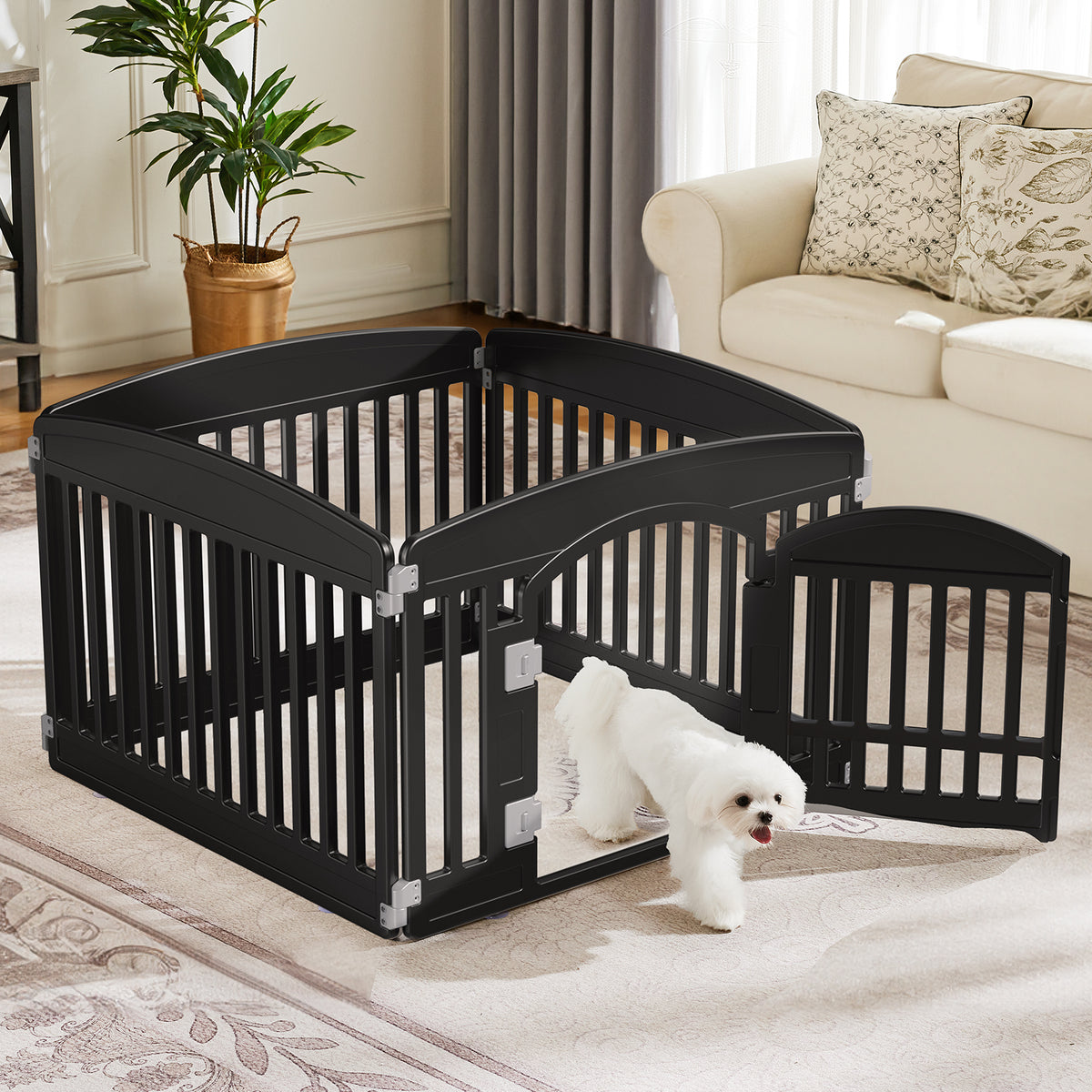 Black pet pen with a white dog inside in a living room setting