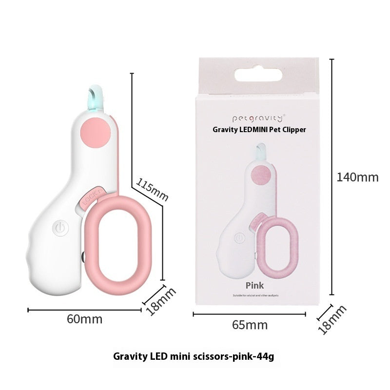 Pink pet clipper with packaging and dimensions on a white background