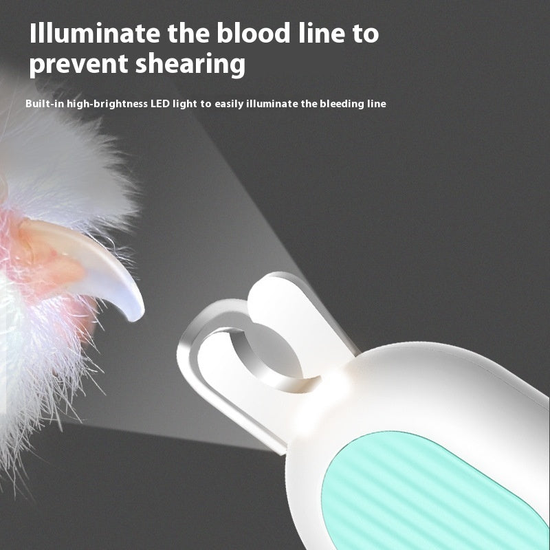 Pet nail clipper with a built-in high-brightness LED light illuminating a pet's paw.