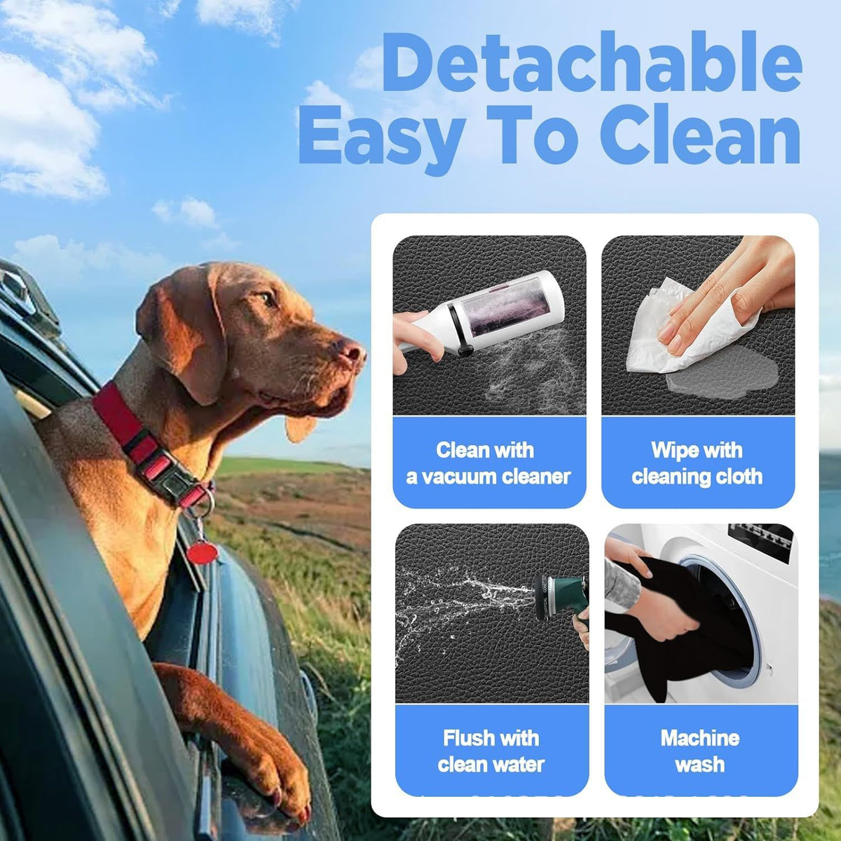 A promotional graphic for a detachable pet car seat mat. The left side shows a brown dog in a car window with the text 'Detachable Easy To Clean' above.