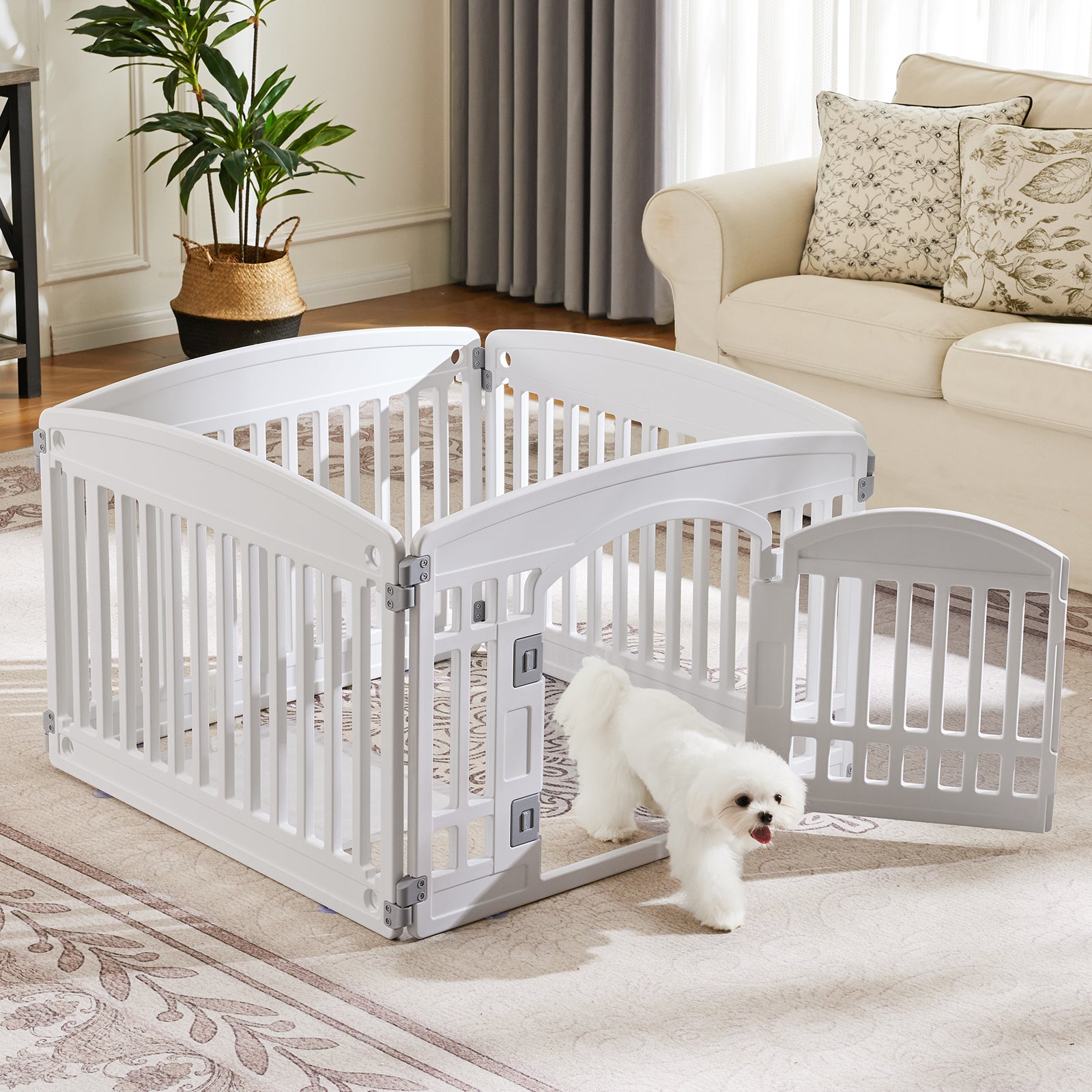 White pet playpen with a small white dog inside in a living room setting.
