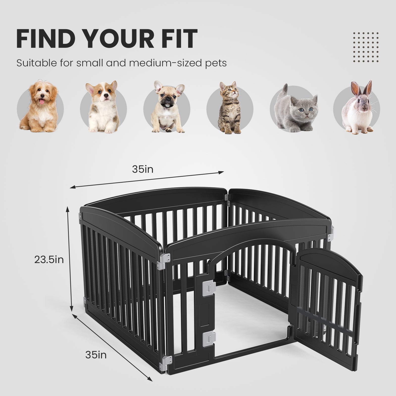 Pet playpen with dimensions and compatibility for small and medium-sized pets on a white background