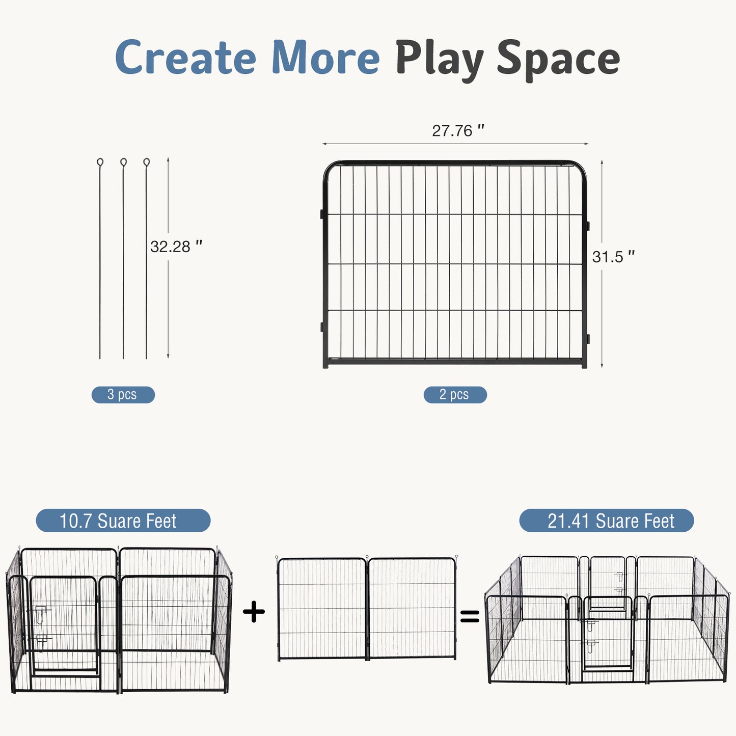 Diagram of a pet playpen with dimensions and space calculation on a white background